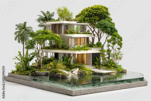 Miniature tropical home nestled in lush garden