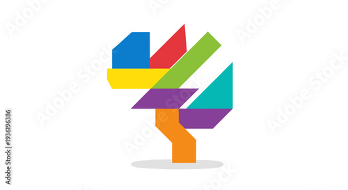 Abstract colorful geometric shapes forming a stylized figure with vibrant hues and dynamic composition