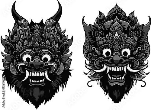 Fierce Balinese Demon Mask Illustration Bundle, A Set of Six Intricate Traditional Designs with Protruding Tusks and Wild Eyes Suitable for Tattoo Inspiration and Artistic References