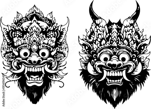 Fierce Balinese Demon Mask Illustration Bundle, A Set of Six Intricate Traditional Designs with Protruding Tusks and Wild Eyes Suitable for Tattoo Inspiration and Artistic References