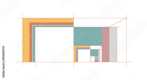 Geometric shapes forming an abstract architectural illustration from a frontal viewpoint