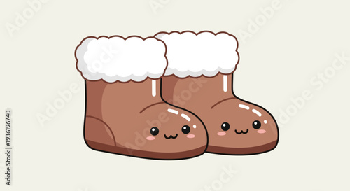Cute cartoon brown winter boots with smiling faces