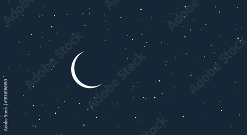 Dark night sky with white crescent moon and twinkling stars