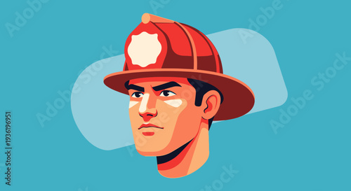 Determined male firefighter head wearing red helmet illustration