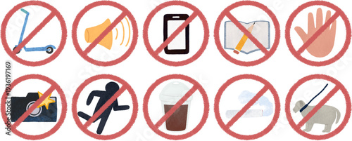 Set of Hand Drawn Style Prohibition Notice Sign Icons for Public Facilities