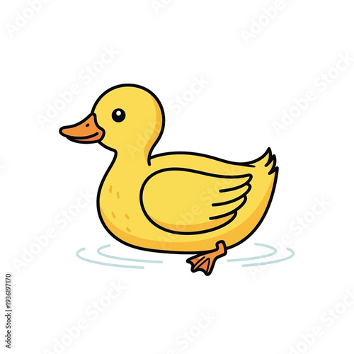 Cute cartoon yellow duckling swimming in water, simple illustration