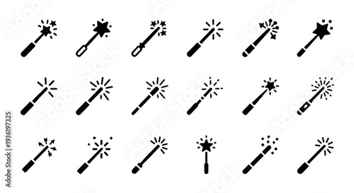 Collection of various fireworks and sparklers illustrated in black on a clean background viewed from directly above