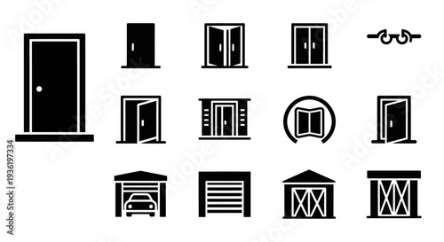 Collection of various door and gate illustrations displayed in a grid layout from a straightforward viewpoint