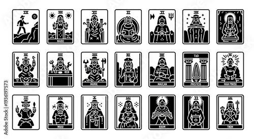 Collection of black and white tarot cards featuring various symbolic illustrations and characters in a grid layout