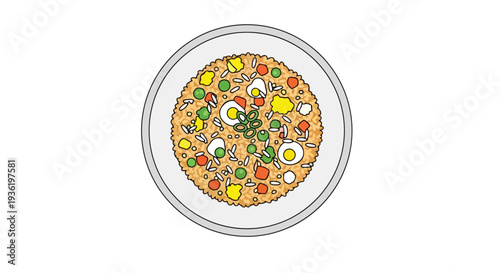 Top view of delicious fried rice with egg and vegetables on a plate, healthy meal
