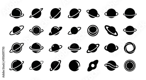 Collection of various planet icons in simple black and white design, including Saturn and Jupiter, illustrated in a minimalist style, on a plain background, viewed from directly above