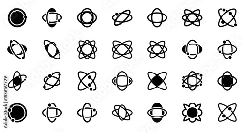 Collection of Simple Line Icons Representing Various Celestial Bodies and Planetary Systems in Space