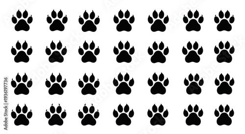 Collection of black animal paw prints arranged in a grid pattern on a clean background