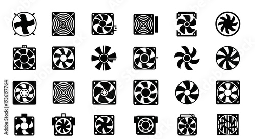 Collection of various black and white fan icons displayed in a grid pattern on a clean white background