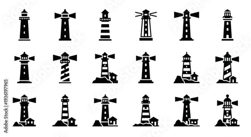 Collection of diverse lighthouse illustrations in various architectural styles and orientations