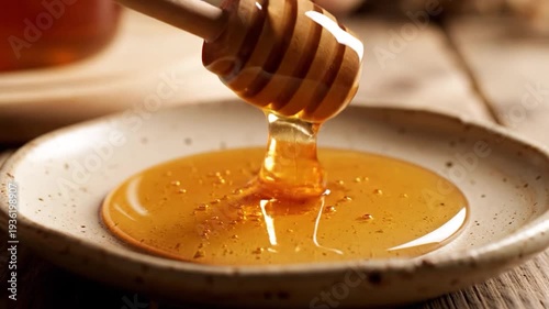 Golden honey slowly drips from a wooden dipper onto a ceramic plate