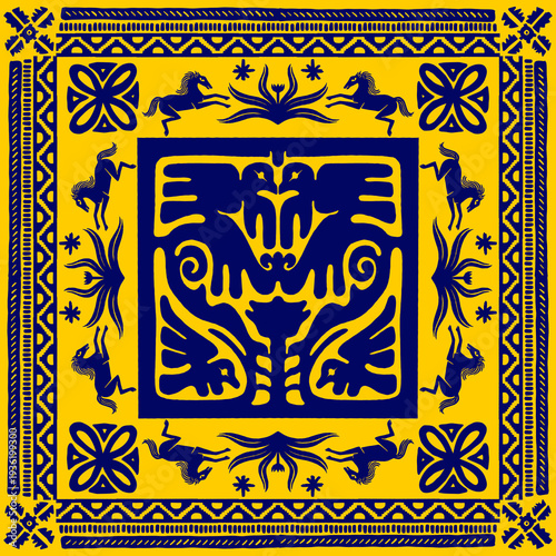 Dynamic blue and yellow folk art scarf design, featuring symmetrical mythological bird like creatures, geometric patterns, and galloping horses, reflecting ancient cultural symbolism