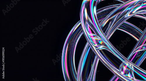 Abstract 3D iridescent optical glass tubes on black background, holographic neon light refraction mockup with copy space.
