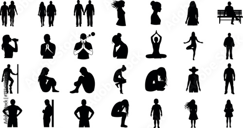 Diverse collection of black human silhouettes illustrating various emotional poses lifestyle activities yoga exercises and daily life situations vector illustration