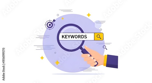 Keyword Research Illustration with Magnifying Glass – SEO Search Bar Concept