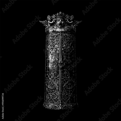 Hand-drawn vector illustration of an Iron Maiden medieval torture device, featuring ornate gothic engravings and a dark antique metal texture. Isolated object in vintage engraving style.