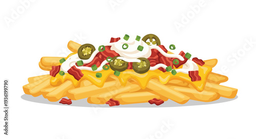 Delicious loaded french fries with cheese, bacon, jalapenos, and sour cream