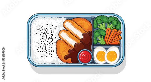 Pixel Art Bento Box Lunch: Katsu, Rice, Broccoli, Carrots, Eggs, and Ketchup