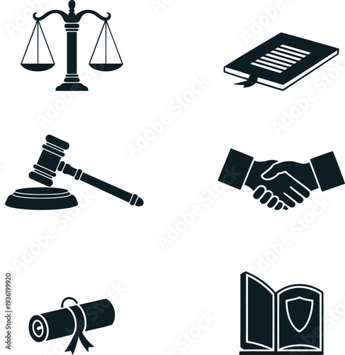 Black and white law including scales gavel handshake book shield