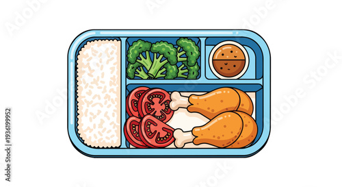 Healthy Lunch Box with Chicken Drumsticks, Rice, Broccoli, Tomatoes, and Sauce