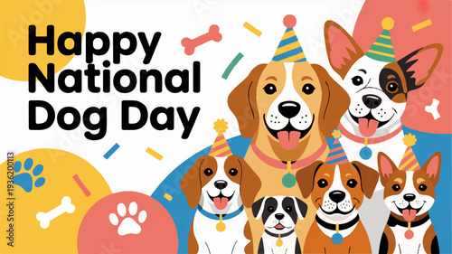 Happy national dog day celebration with group of dogs wearing party hats and colorful collars