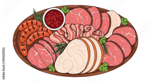 Gourmet Meat Platter: Assorted Cold Cuts, Sausages, and Turkey Breast with Dip