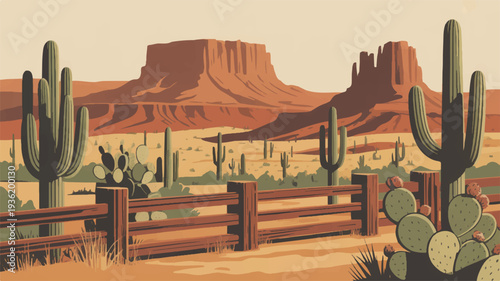 Rustic desert landscape with wooden fence cacti and majestic rock formations under warm beige sky