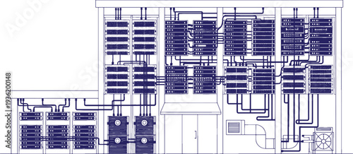 Industrial Data Center Building Vector Line Art Illustration, Server Rack Infrastructure Technology Concept, Cloud Computing Facility Exterior, IT Network Storage Warehouse, Minimal 
