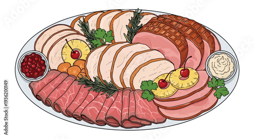 Festive Holiday Meat Platter with Ham, Turkey, Roast Beef, Cranberry Sauce, and Pineapple