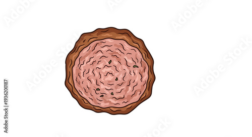 Top view of a single, raw, uncooked meatball with a textured surface and dark specks, isolated on white.