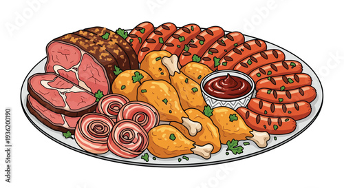 Hearty Meat Platter: Roasted Beef, Sausages, Fried Chicken, Bacon Rolls, and Dip