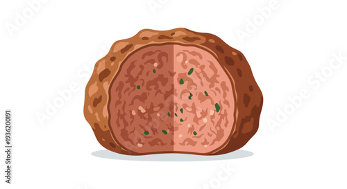 Delicious Meatball Cut in Half, Showing Texture and Herbs, Isolated on White Background