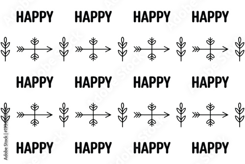 Joyful repetition of the word "Happy" interspersed with decorative tribal arrows and leaves