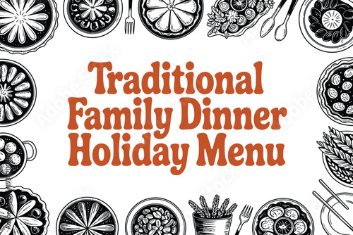 holiday menu design with traditional food illustrations and warm lettering for family gatherings
