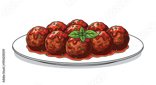 Delicious Meatballs with Tomato Sauce and Basil Garnish on a Plate