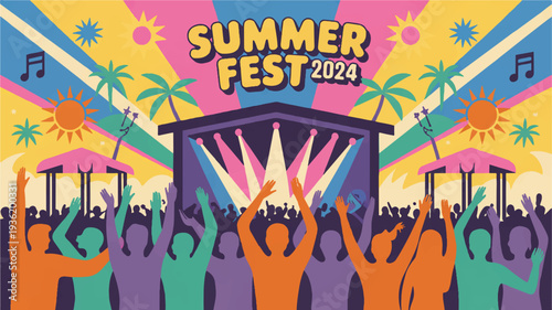 Vibrant summer fest 2024 crowd celebrating at outdoor music festival with colorful stage lights