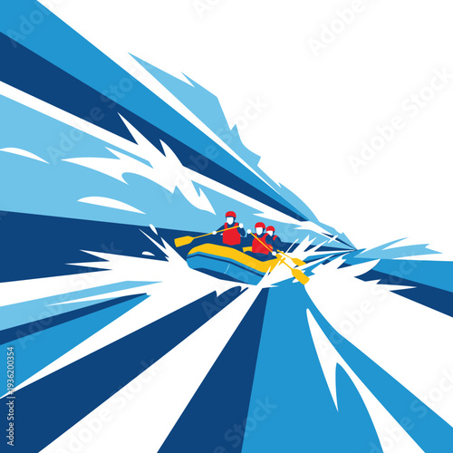 White water rafting adventure, people paddling in rough blue river waves, dynamic action sport illustration