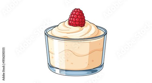 Delicious Creamy Dessert with Raspberry Topping in a Glass Bowl