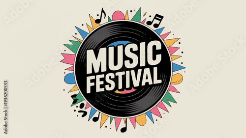 Vibrant music festival logo with colorful notes and vinyl record on beige background symbolizing fun and music events