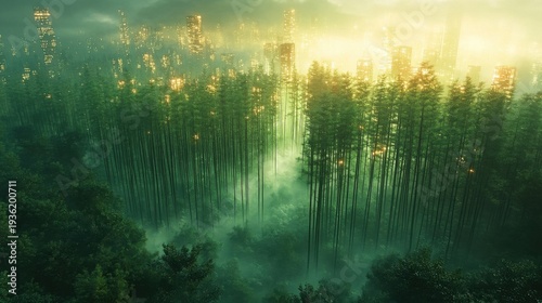 Wallpaper Mural Misty green forest with glowing city skyline at sunrise golden hour atmospheric light Torontodigital.ca