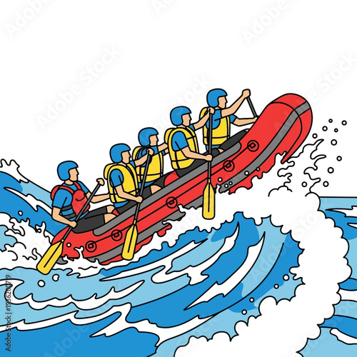 Group White Water Rafting Adventure, Paddling Red Inflatable Boat Down Rapids