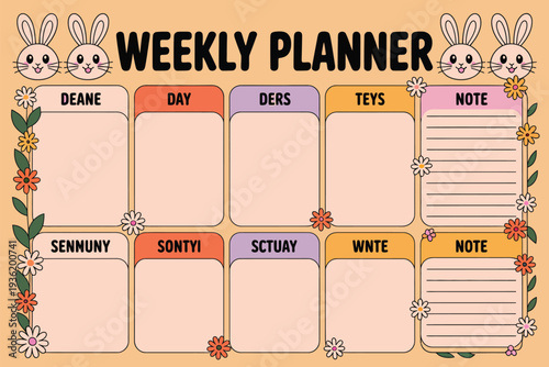 Cute bunny illustrated weekly planner with floral accents for organizing tasks and notes.