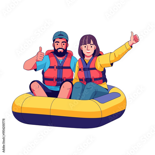 Happy Couple Rafting Adventure, Giving Thumbs Up in Inflatable Boat