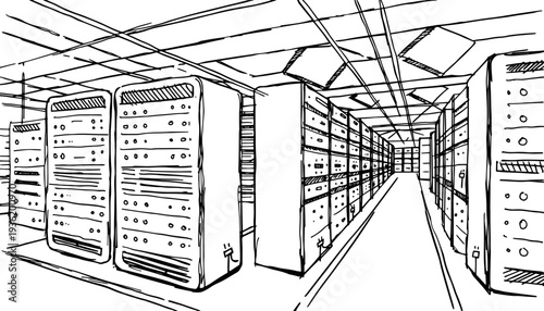 Industrial Data Center Building Vector Line Art Illustration, Server Rack Infrastructure Technology Concept, Cloud Computing Facility Exterior, IT Network Storage Warehouse, Minimal 