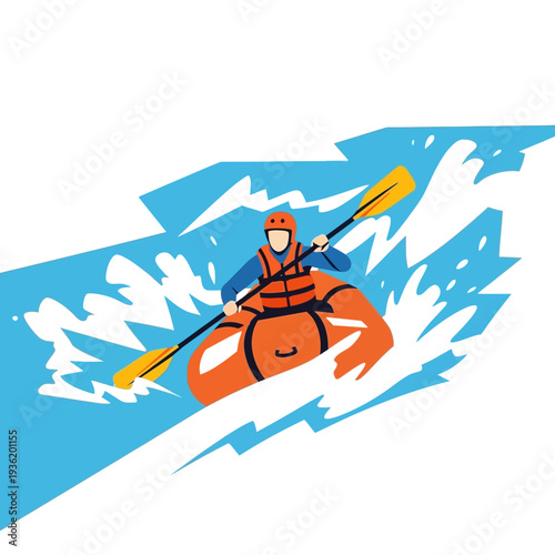 Man kayaking on turbulent water, adventure sport, white water rafting illustration